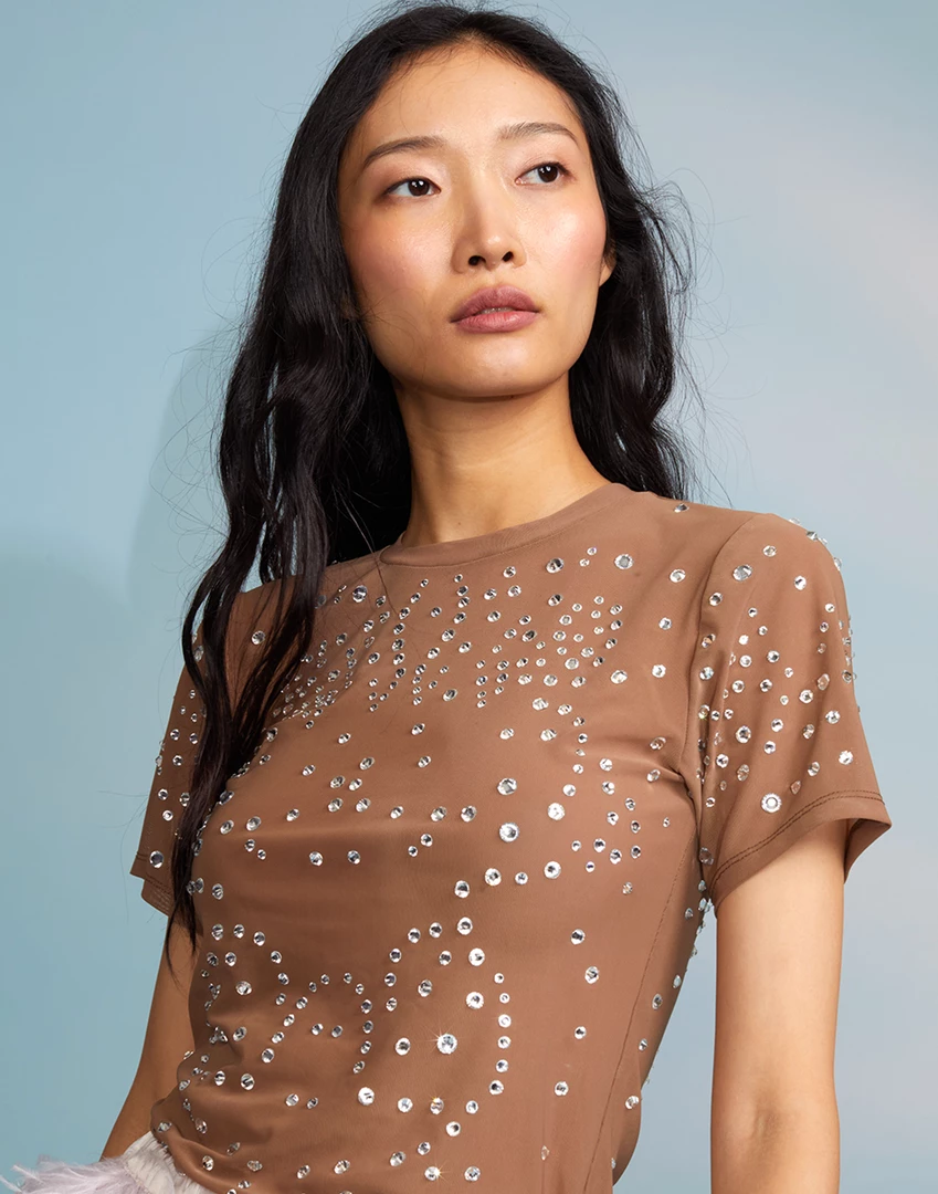 Cynthia Rowley Tops Crystal Embellished Mesh Baby Tee 1 Cynthia Rowley Tops Crystal Embellished Mesh Baby Tee