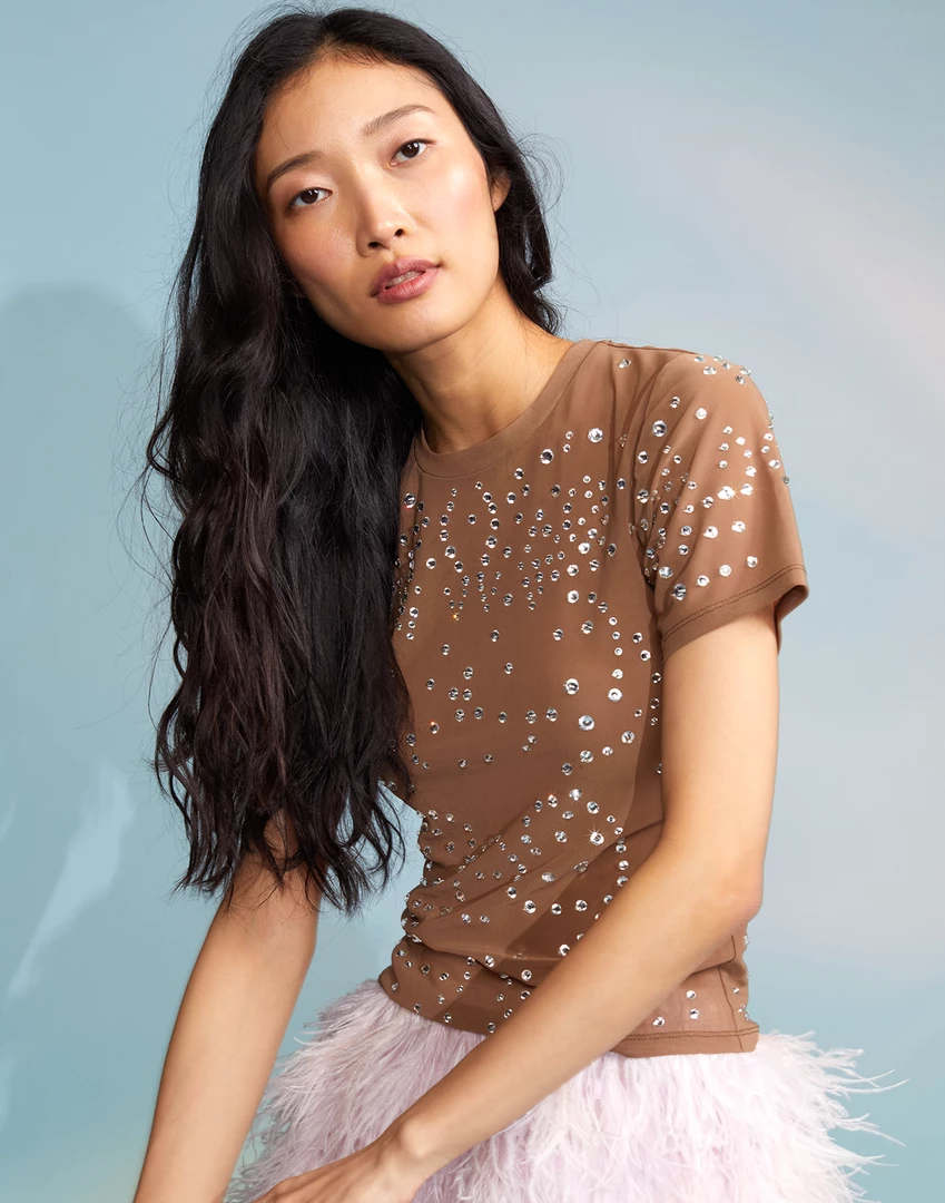 Cynthia Rowley Tops Crystal Embellished Mesh Baby Tee 2 Cynthia Rowley Tops Crystal Embellished Mesh Baby Tee