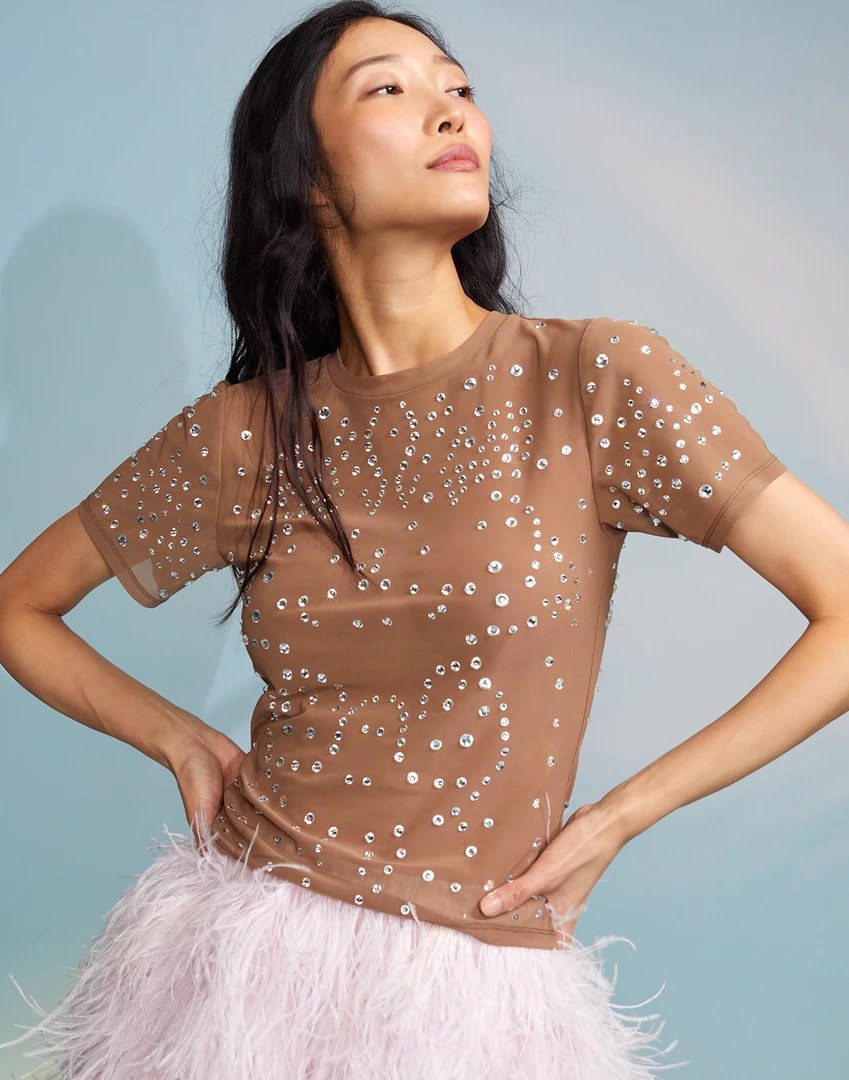 Cynthia Rowley Tops Crystal Embellished Mesh Baby Tee 3 Cynthia Rowley Tops Crystal Embellished Mesh Baby Tee