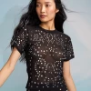Cynthia Rowley Crystal Embellished Mesh Baby Tee Tops