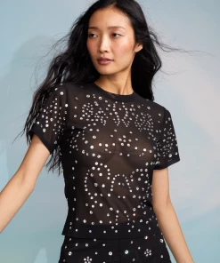 Cynthia Rowley Crystal Embellished Mesh Baby Tee Tops
