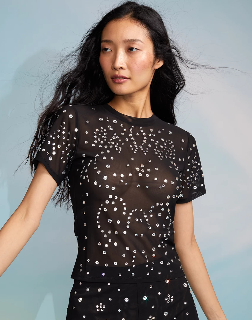 Cynthia Rowley Crystal Embellished Mesh Baby Tee Tops 1 Cynthia Rowley Crystal Embellished Mesh Baby Tee Tops