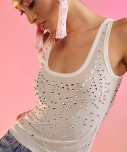 Cynthia Rowley Crystal Embellished Mesh Tank Top Tops